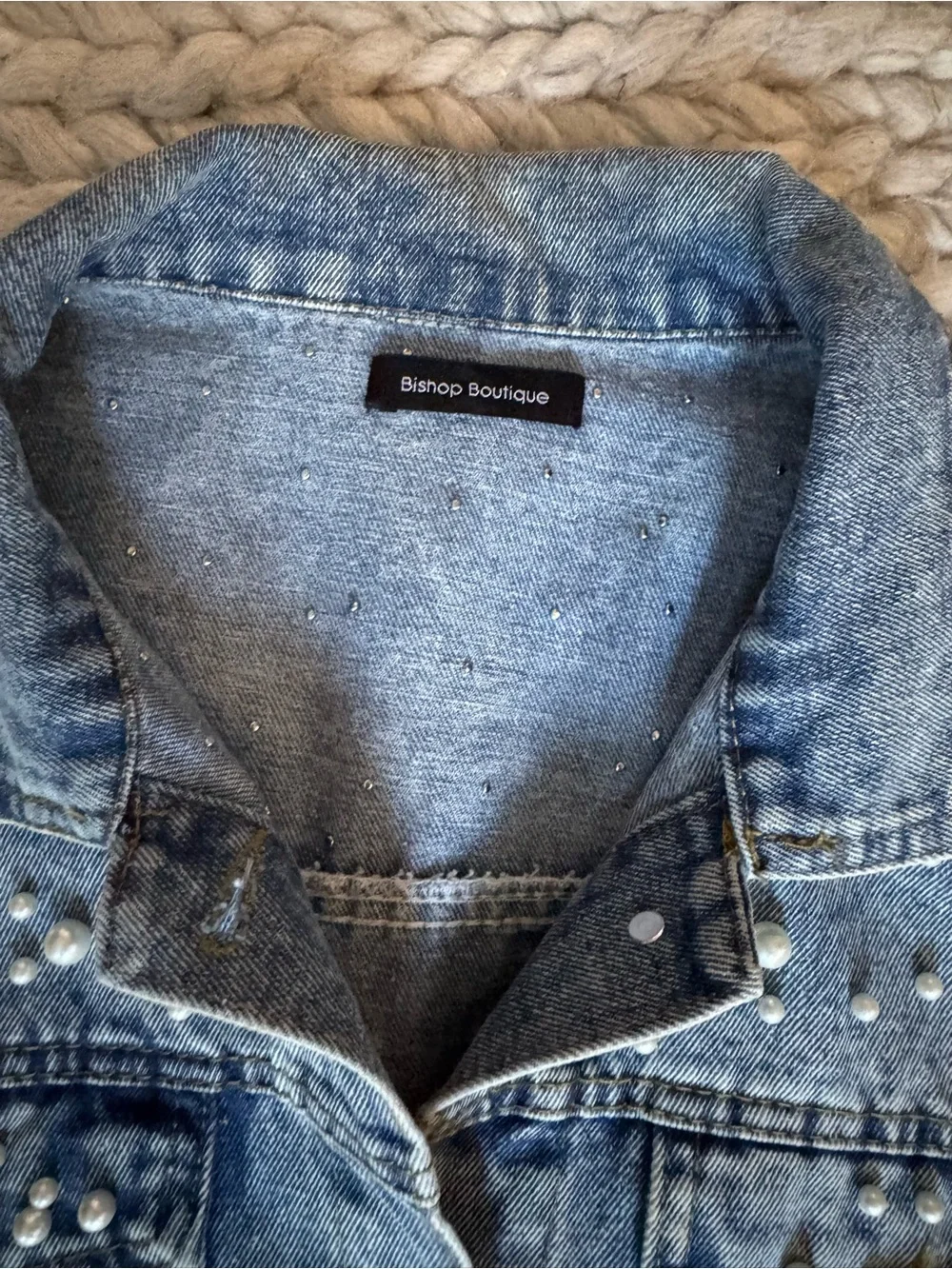 Denim Pearl-Embellished Jacket - Blue